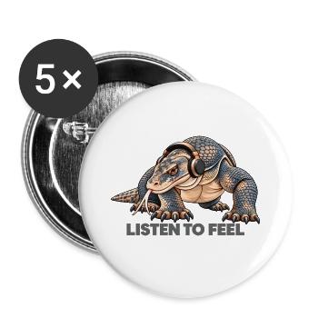 Komodowaran mit Kopfhörern – Hör auf Gefühl - Buttons groß 56 mm (5er Pack) - Weiß - Vorne