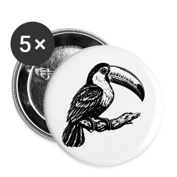 Tukan – Schwarz Weiß Vogelgravur - Buttons groß 56 mm (5er Pack) - Weiß - Vorne