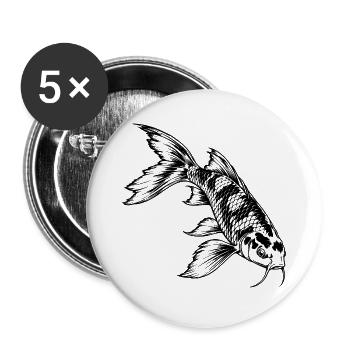 Koi Karpfen – Schwarz Weiß Fischgravur - Buttons groß 56 mm (5er Pack) - Weiß - Vorne