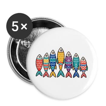Bunte Volkskunst Fischschule Marine Ozean Tee - Buttons groß 56 mm (5er Pack) - Weiß - Vorne