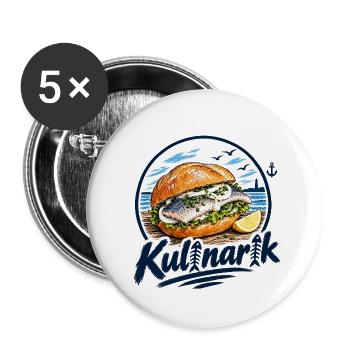Fischkopp Kulinarik. Wat mutt, dat mutt. - Buttons groß 56 mm (5er Pack) - Weiß - Vorne
