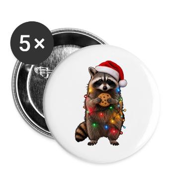 Süßer Weihnachtsmützen Waschbär mit Lichterkette - Buttons groß 56 mm (5er Pack) - Weiß - Vorne