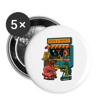 Dackel Imbiss Moin und Wurst - Buttons groß 56 mm (5er Pack) - Weiß - Vorne