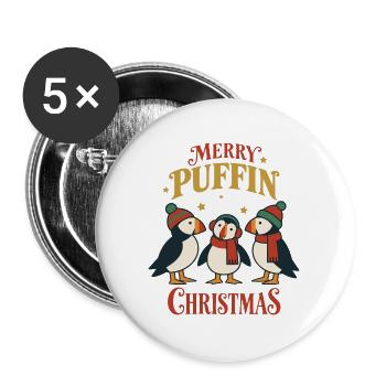 Fröhliche Papageitaucher Weihnachtsfestliche Niedliche Festvögel - Buttons groß 56 mm (5er Pack) - Weiß - Vorne