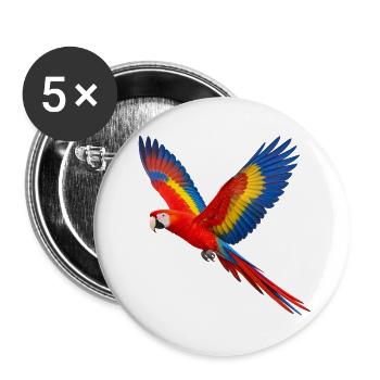 Scharlachara im Flug – Papagei mit bunten Flügeln - Buttons groß 56 mm (5er Pack) - Weiß - Vorne