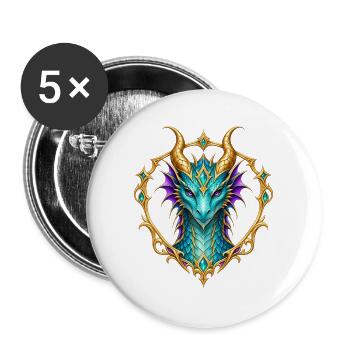 Türkiser Drachenkopf – Fantasy-Wappen in Gold - Buttons groß 56 mm (5er Pack) - Weiß - Vorne