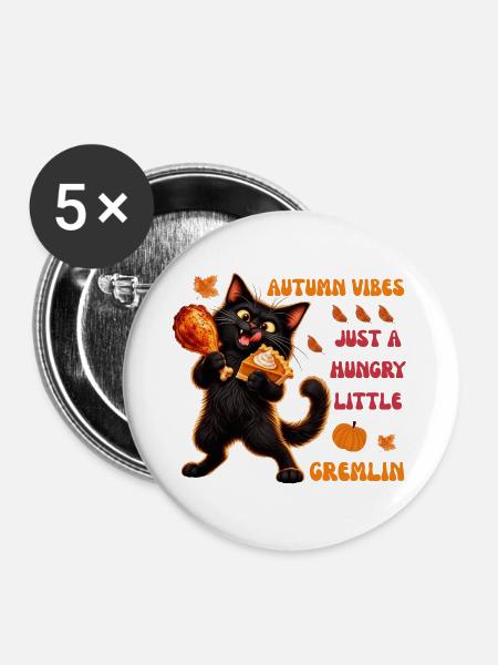 Herbststimmung: Hungriger schwarzer Katzen-Gremlin - Buttons groß 56 mm (5er Pack) - Weiß