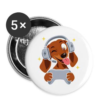 Gaming Dackel Dachshund mit Controller und Headset - Buttons groß 56 mm (5er Pack) - Weiß - Vorne