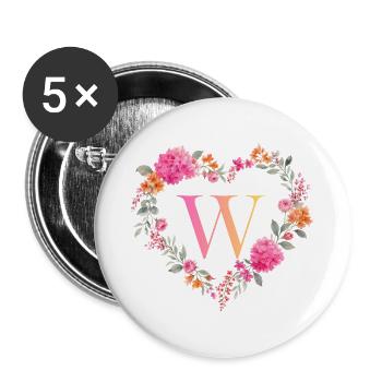 W Monogramm Blumen Herz personalisierbar - Buttons groß 56 mm (5er Pack) - Weiß - Vorne