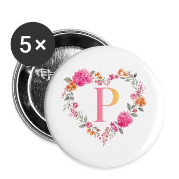 P Monogramm Blumen Herz personalisierbar - Buttons groß 56 mm (5er Pack) - Weiß - Vorne