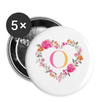 O Monogramm Blumen Herz personalisierbar - Buttons groß 56 mm (5er Pack) - Weiß - Vorne