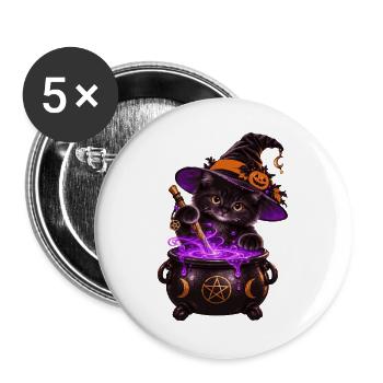 Süße Hexenkatze mit Zauberkessel – Halloween Katze - Buttons groß 56 mm (5er Pack) - Weiß - Vorne