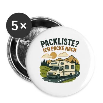 Geschenk für Wohnmobil-Neulinge zur ersten Rundrei - Buttons groß 56 mm (5er Pack) - Weiß - Vorne