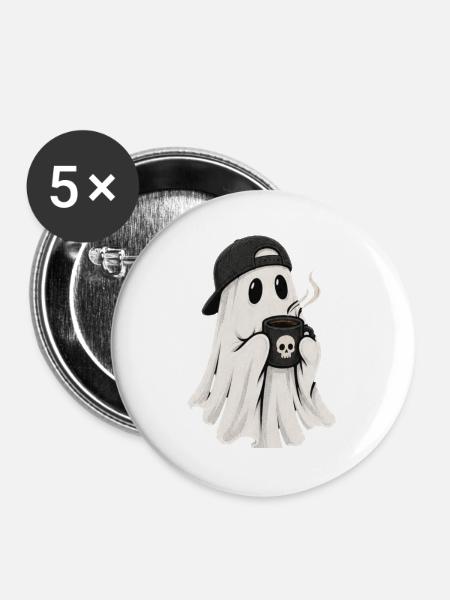 Geisterkaffee Ghost mit Cap - Buttons groß 56 mm (5er Pack) - Weiß