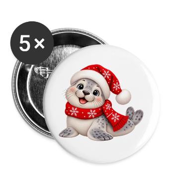 Süße Weihnachtsrobbe mit Nikolausmütze und Schal - Buttons groß 56 mm (5er Pack) - Weiß - Vorne