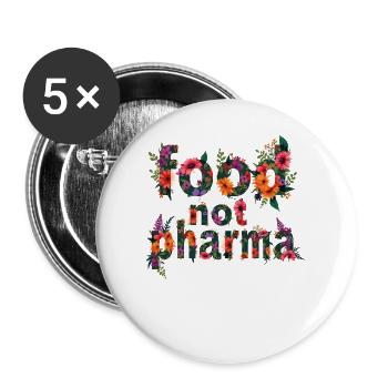 Food Not Pharma Bunte Blumenbuchstaben - Buttons groß 56 mm (5er Pack) - Weiß - Vorne