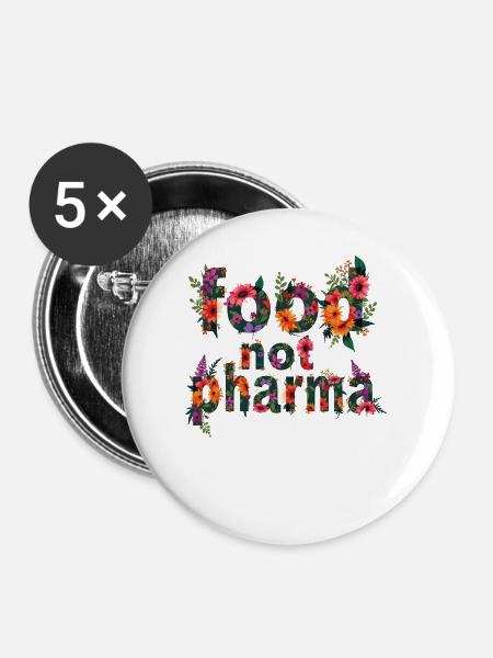 Food Not Pharma Bunte Blumenbuchstaben - Buttons groß 56 mm (5er Pack) - Weiß