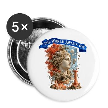 The World Awaits You – Surreale Weltreise - Buttons groß 56 mm (5er Pack) - Weiß - Vorne
