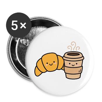 Kawaii Croissant Kaffee-Duo - Buttons groß 56 mm (5er Pack) - Weiß - Vorne