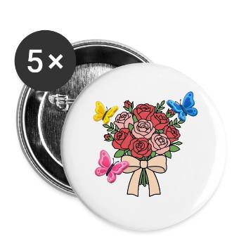 Rosen mit Schmetterlingen und Schleife - Buttons groß 56 mm (5er Pack) - Weiß - Vorne