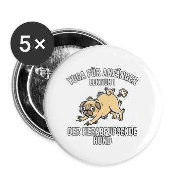 Lustiger Yoga Hund - Buttons groß 56 mm (5er Pack) - Weiß - Vorne