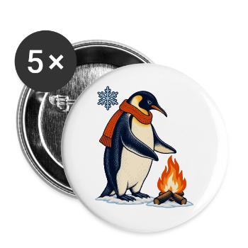 Pinguin mit Schal am Lagerfeuer - Buttons groß 56 mm (5er Pack) - Weiß - Vorne