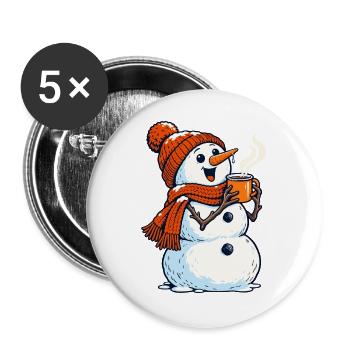 Winterwärme Schneemann mit Kaffee Tee - Buttons groß 56 mm (5er Pack) - Weiß - Vorne