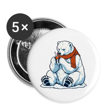 Eisbär mit Kaffeetassee - Teebecher - Buttons groß 56 mm (5er Pack) - Weiß - Vorne