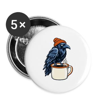 Rabe mit Mütze über Kaffeebecher - Buttons groß 56 mm (5er Pack) - Weiß - Vorne