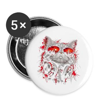 Coole DJ Katze mit Sonnenbrille und Kopfhörern - Buttons groß 56 mm (5er Pack) - Weiß - Vorne