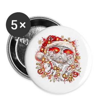 DJ Katze mit Weihnachtsmütze und Sonnenbrille - Buttons groß 56 mm (5er Pack) - Weiß - Vorne