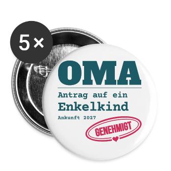 Oma 2027 – Antrag auf Enkelkind genehmigt - Buttons groß 56 mm (5er Pack) - Weiß - Vorne