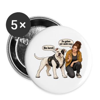 Biker-Bulldog_mit_skeptischer_Halterin - Buttons groß 56 mm (5er Pack) - Weiß - Vorne