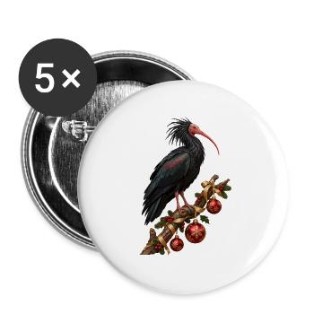 Waldrapp mit rubinroten Weihnachtskugeln - Buttons groß 56 mm (5er Pack) - Weiß - Vorne