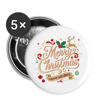 Merry Christmas Vintage Schriftzug - Buttons groß 56 mm (5er Pack) - Weiß - Vorne