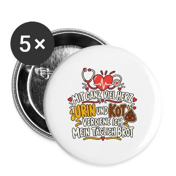 Pflegehumor – Mit Herz, Urin und Kot - Buttons groß 56 mm (5er Pack) - Weiß - Vorne