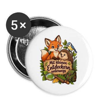 Erzieher Shirt mit Waldtieren & kleine Entdecker - Buttons groß 56 mm (5er Pack) - Weiß - Vorne
