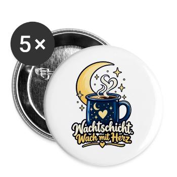 Nachtschicht Shirt mit Mond - Spruch Nachtschicht - Buttons groß 56 mm (5er Pack) - Weiß - Vorne
