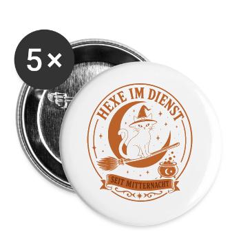 Hexe im Dienst, Vintage Katze Halloween Badge - Buttons groß 56 mm (5er Pack) - Weiß - Vorne