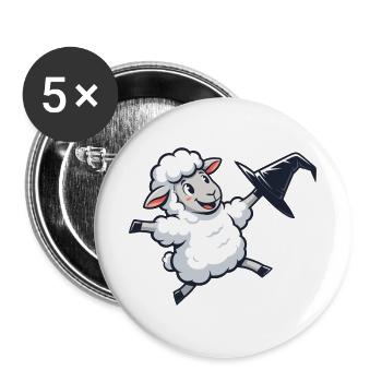 Fliegendes Schäfchen mit Hexenhut - Buttons groß 56 mm (5er Pack) - Weiß - Vorne