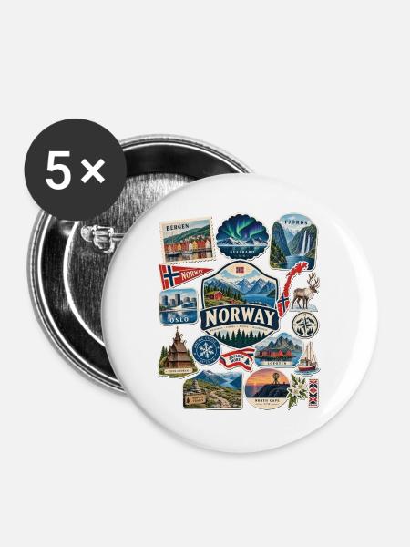 Norwegen Reisesticker - Buttons groß 56 mm (5er Pack) - Weiß