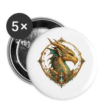 Zeitdrache – Steampunk-Wappen mit Sanduhr - Buttons groß 56 mm (5er Pack) - Weiß - Vorne