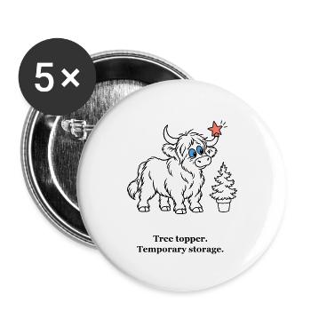 Highland-Kuh hält den Weihnachtsbaum-Topper - Buttons groß 56 mm (5er Pack) - Weiß - Vorne
