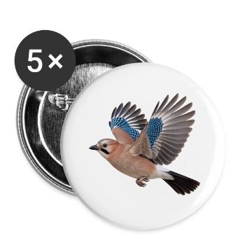 Eichelhäher im Flug – Waldvogel mit blauen Federn - Buttons groß 56 mm (5er Pack) - Weiß - Vorne
