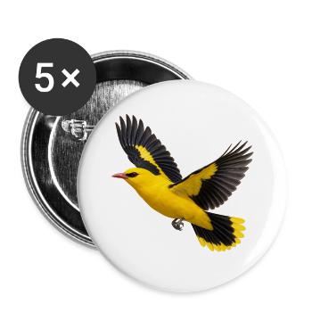 Pirol im Flug – gelber Vogel mit dunklen Flügeln - Buttons groß 56 mm (5er Pack) - Weiß - Vorne