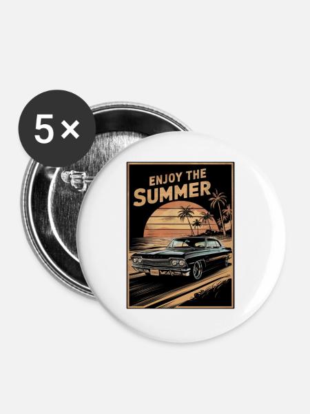 Sonnenuntergang mit dem Sommer-Oldtimer - Buttons groß 56 mm (5er Pack) - Weiß