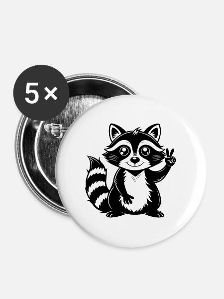 Peace-Sign-Waschbär - Buttons groß 56 mm (5er Pack) - Weiß