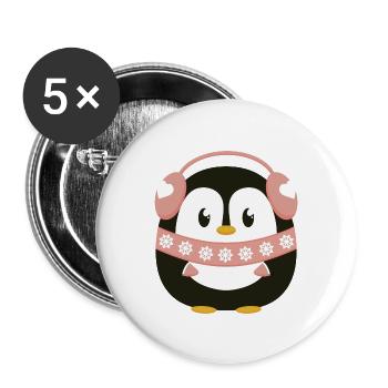 Süßer Pinguin mit Schal und Ohrwärmern in Hellrosa - Buttons groß 56 mm (5er Pack) - Weiß - Vorne