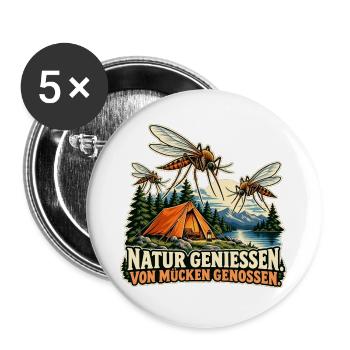Camping mit Mückenbuffet - Buttons groß 56 mm (5er Pack) - Weiß - Vorne