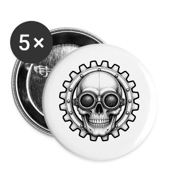 Totenkopf Zahnrad Fliegerbrille Biker T-Shirt - Buttons groß 56 mm (5er Pack) - Weiß - Vorne